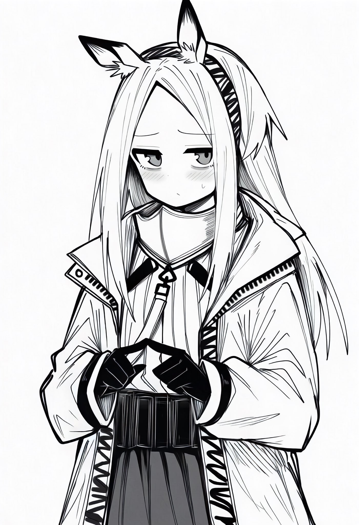 makigirisu, heavyrain (arknights), arknights, commentary, highres, 1girl, animal ears, blush, closed mouth, coat, cowboy shot, embarrassed, gloves, greyscale, hairband, index fingers together, long hair, long sleeves, looking at viewer, monochrome, open clothes, open coat, own hands together, parted bangs, simple background, solo, standing, strap, sweatdrop, white background
