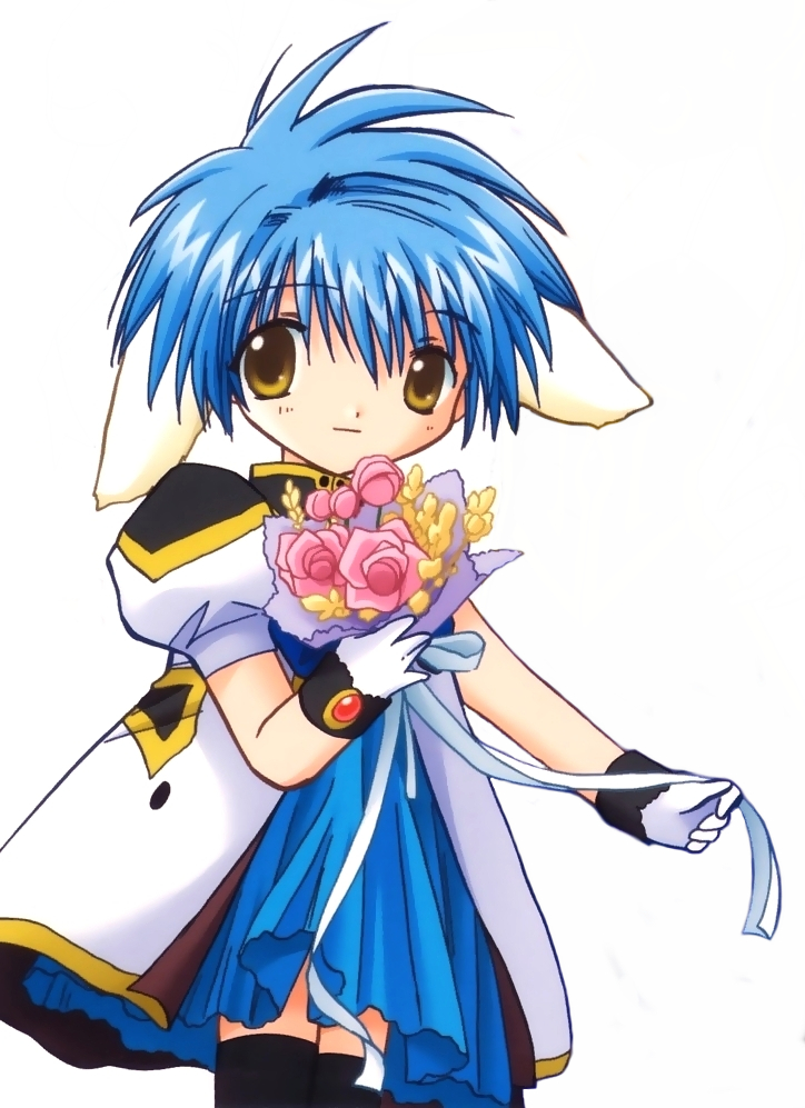 mint blancmanche, galaxy angel, 00s, 1girl, animal ears, blue hair, female focus, gloves, green eyes, looking at viewer, puffy sleeves, short hair, simple background, solo, thighhighs, white background, yellow eyes