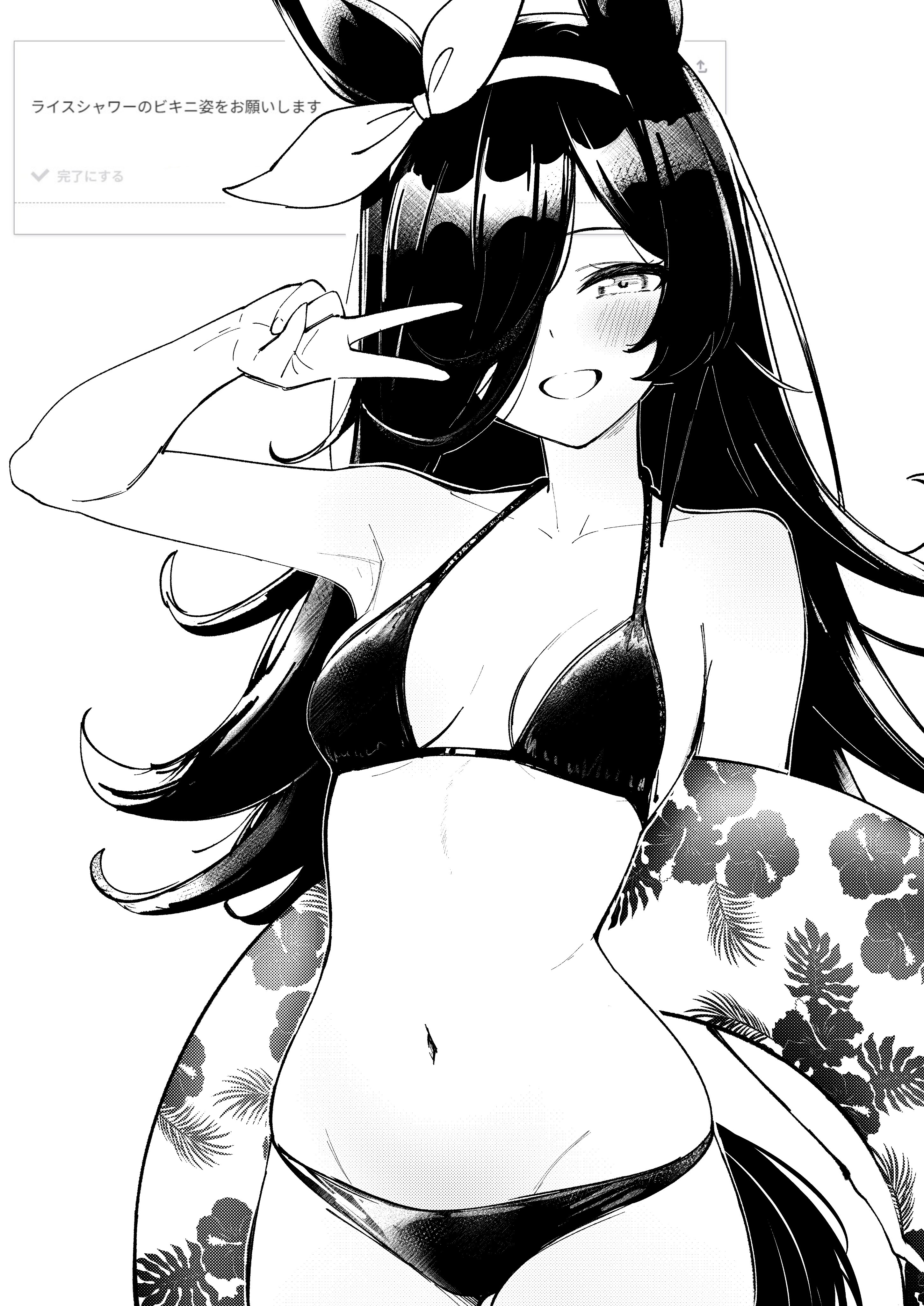 herohero (higashi no dou), rice shower (umamusume), umamusume, absurdres, highres, 1girl, animal ears, armpits, bare arms, bare shoulders, bikini, blush, breasts, greyscale, grin, hair over one eye, hairband, holding, holding swim ring, horse ears, horse girl, innertube, long hair, monochrome, navel, sidelocks, smile, solo, stomach, swim ring, swimsuit, v