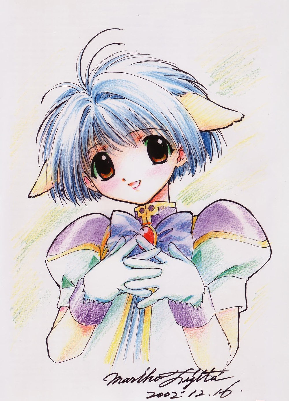 fujita mariko, mint blancmanche, galaxy angel, highres, tagme, 00s, 1girl, animal ears, artist name, blue hair, dated, female focus, gloves, green eyes, puffy sleeves, short hair, solo