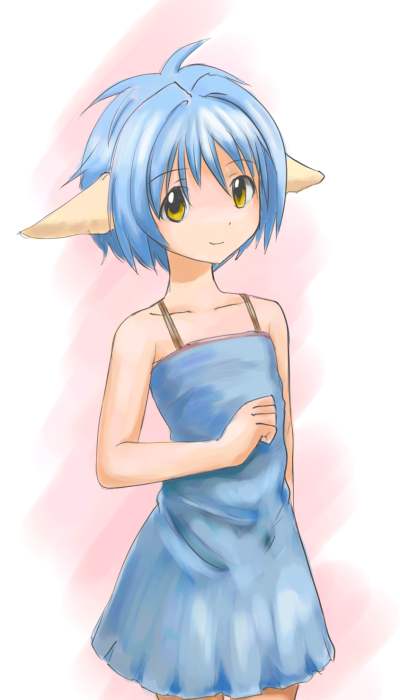 mint blancmanche, galaxy angel, 00s, 1girl, animal ears, blue dress, blue hair, dress, female focus, green eyes, looking at viewer, short dress, short hair, simple background, smile, solo, yellow eyes