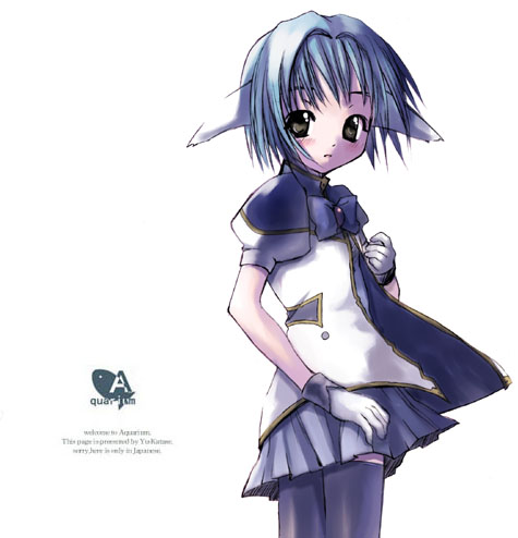 mint blancmanche, galaxy angel, lowres, 00s, 1girl, animal ears, blue hair, female focus, gloves, green eyes, looking at viewer, looking back, puffy sleeves, short hair, simple background, solo, thighhighs, white background