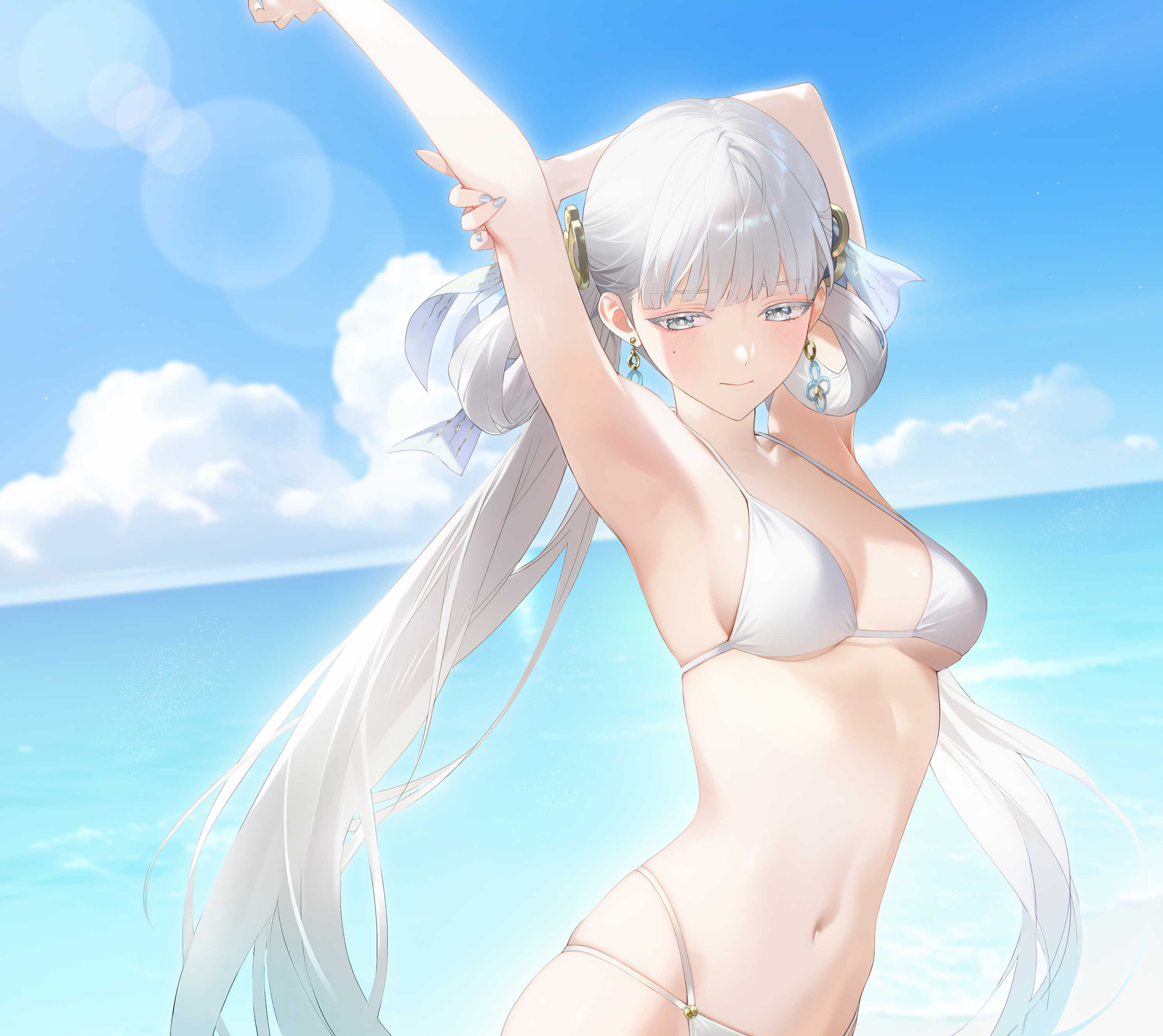 nethel for1, jinhsi (wuthering waves), wuthering waves, absurdres, commentary, highres, 1girl, alternate costume, arm up, armpits, bikini, blue sky, breasts, closed mouth, colored eyelashes, day, earrings, hair rings, halterneck, jewelry, light blush, long hair, low twintails, medium breasts, mole, mole on cheek, multi-strapped bikini bottom, nail polish, navel, outdoors, presenting armpit, sky, solo, stomach, stretching, string bikini, swimsuit, twintails, very long hair, white bikini, white eyelashes, white eyes, white hair, white nails