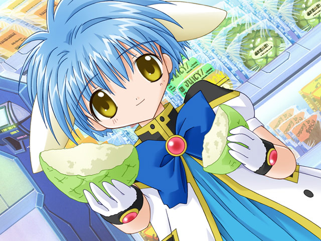 mint blancmanche, galaxy angel, 00s, 1girl, animal ears, blue hair, dutch angle, female focus, food, gloves, green eyes, looking at viewer, puffy sleeves, short hair, solo, yellow eyes