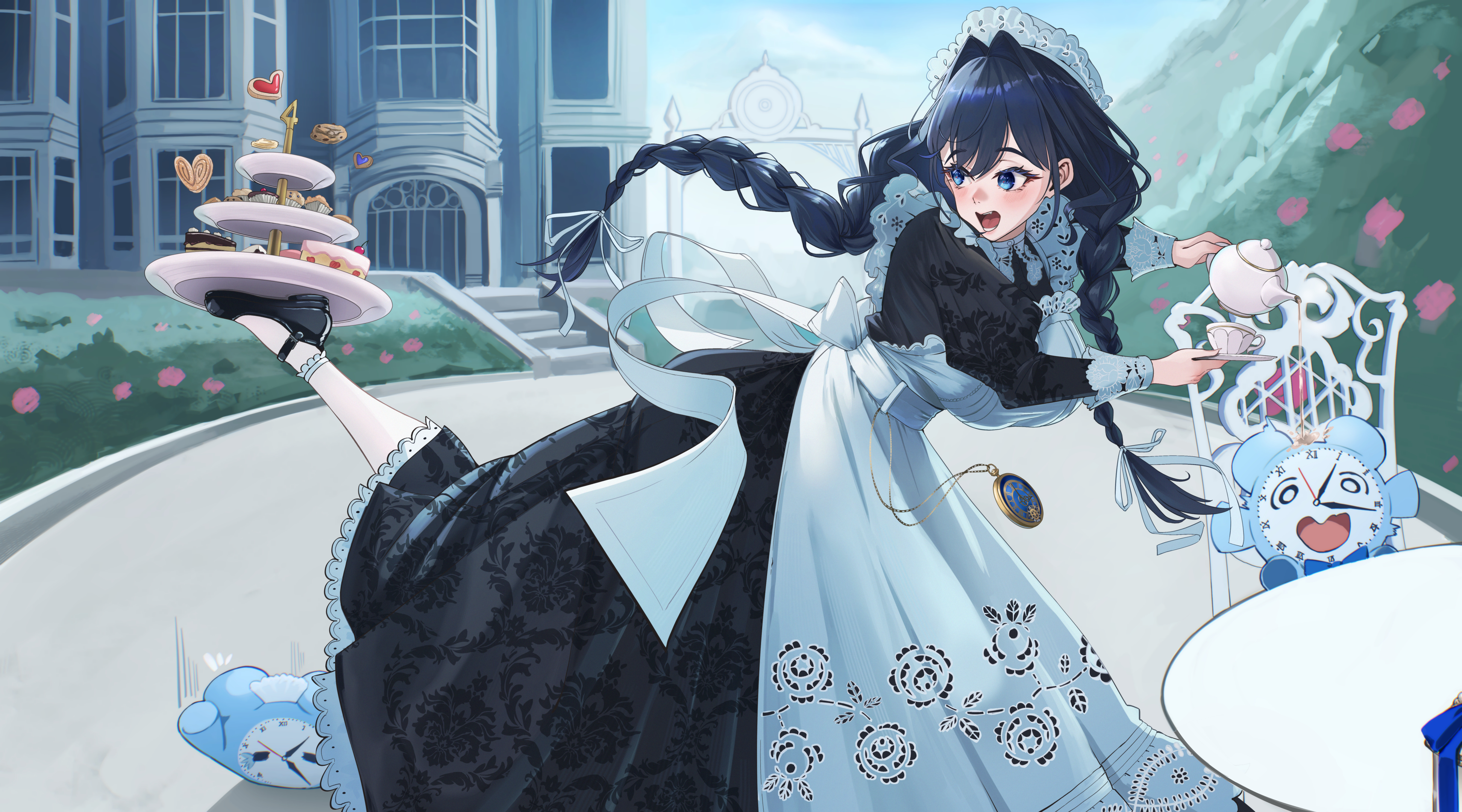 eipanguino, kronie (ouro kronii), ouro kronii, ouro kronii (maid), hololive, hololive english, absurdres, commentary, english commentary, highres, textless version, 1girl, apron, black dress, black hair, blue eyes, building, bush, cake, cake slice, chair, cookie, cup, day, dress, food, hair intakes, hair ribbon, hat, holding, holding saucer, holding teapot, long hair, low twintails, maid, maid apron, mansion, mary janes, mob cap, official alternate costume, official alternate hairstyle, outdoors, pantyhose, pocket watch, ribbon, saucer, shoes, sitting, spilling, standing, standing on one leg, strawberry shortcake, table, teacup, teapot, tiered tray, twintails, virtual youtuber, watch, white apron, white pantyhose, white ribbon