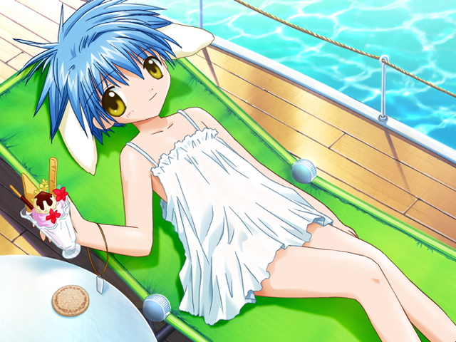 mint blancmanche, galaxy angel, tagme, 00s, 1girl, animal ears, blue hair, female focus, flat chest, green eyes, short hair, solo, yellow eyes