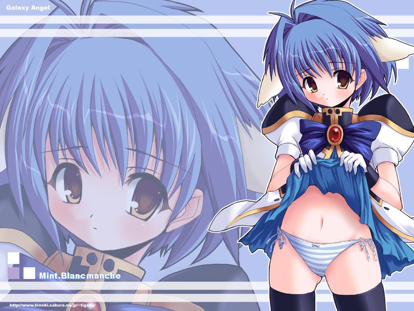 mint blancmanche, galaxy angel, 00s, 1girl, animal ears, blue hair, bow, bow panties, character name, clothes lift, copyright name, dress, dress lift, female focus, gloves, green eyes, panties, puffy sleeves, short hair, side-tie panties, solo, striped clothes, striped panties, thighhighs, underwear, watermark, web address, yellow eyes, zoom layer