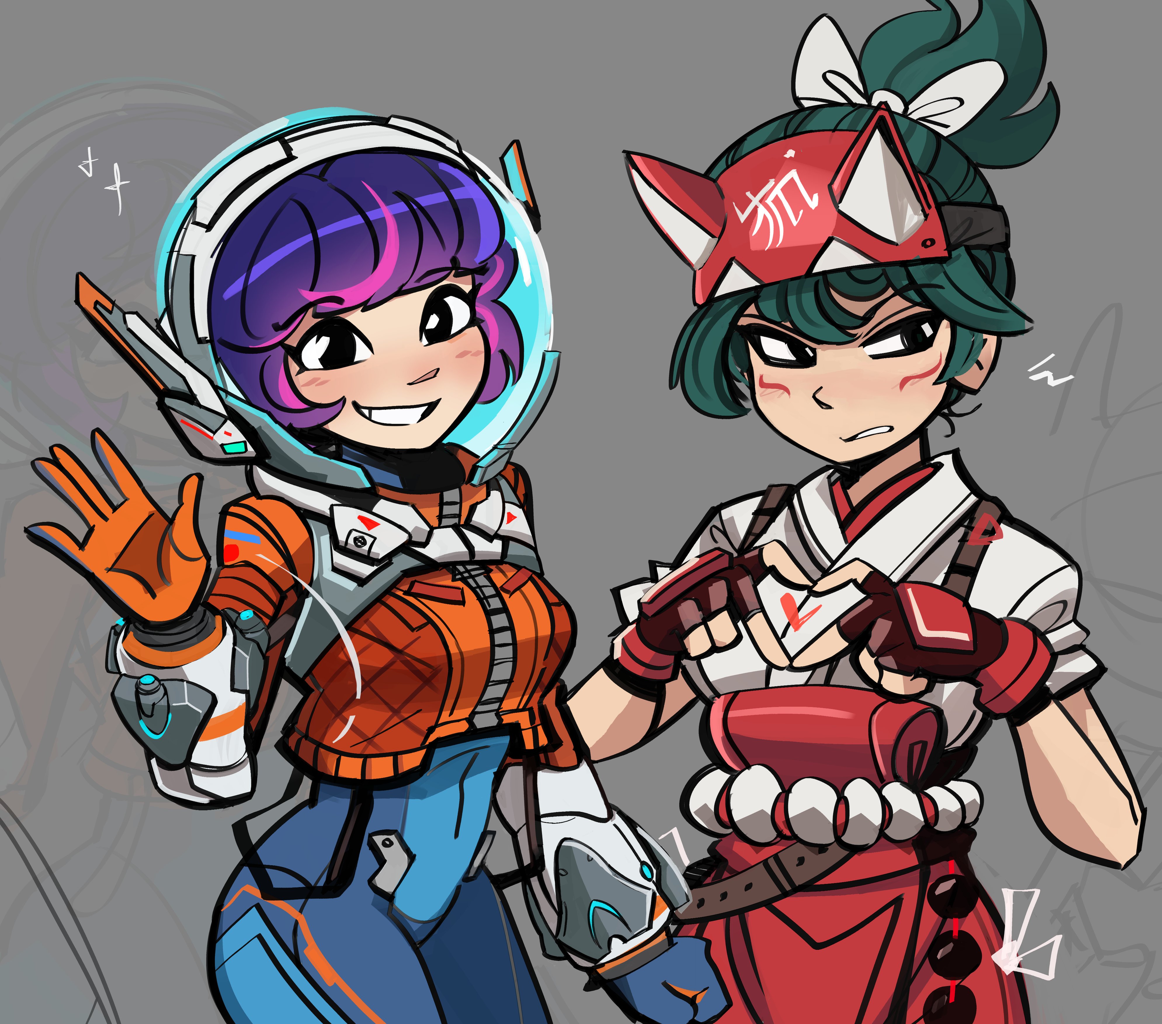 peargor, juno (overwatch), kiriko (overwatch), overwatch, absurdres, highres, 2girls, black eyes, blue bodice, breasts, cropped jacket, fingerless gloves, four-finger heart hands, frown, gloves, green eyes, grey background, heart, heart hands, helmet, high ponytail, jacket, long hair, long sleeves, looking at viewer, looking to the side, medium breasts, medium hair, multiple girls, orange jacket, ponytail, purple hair, red gloves, sash, shirt, short sleeves, simple background, smile, space helmet, waving, white shirt