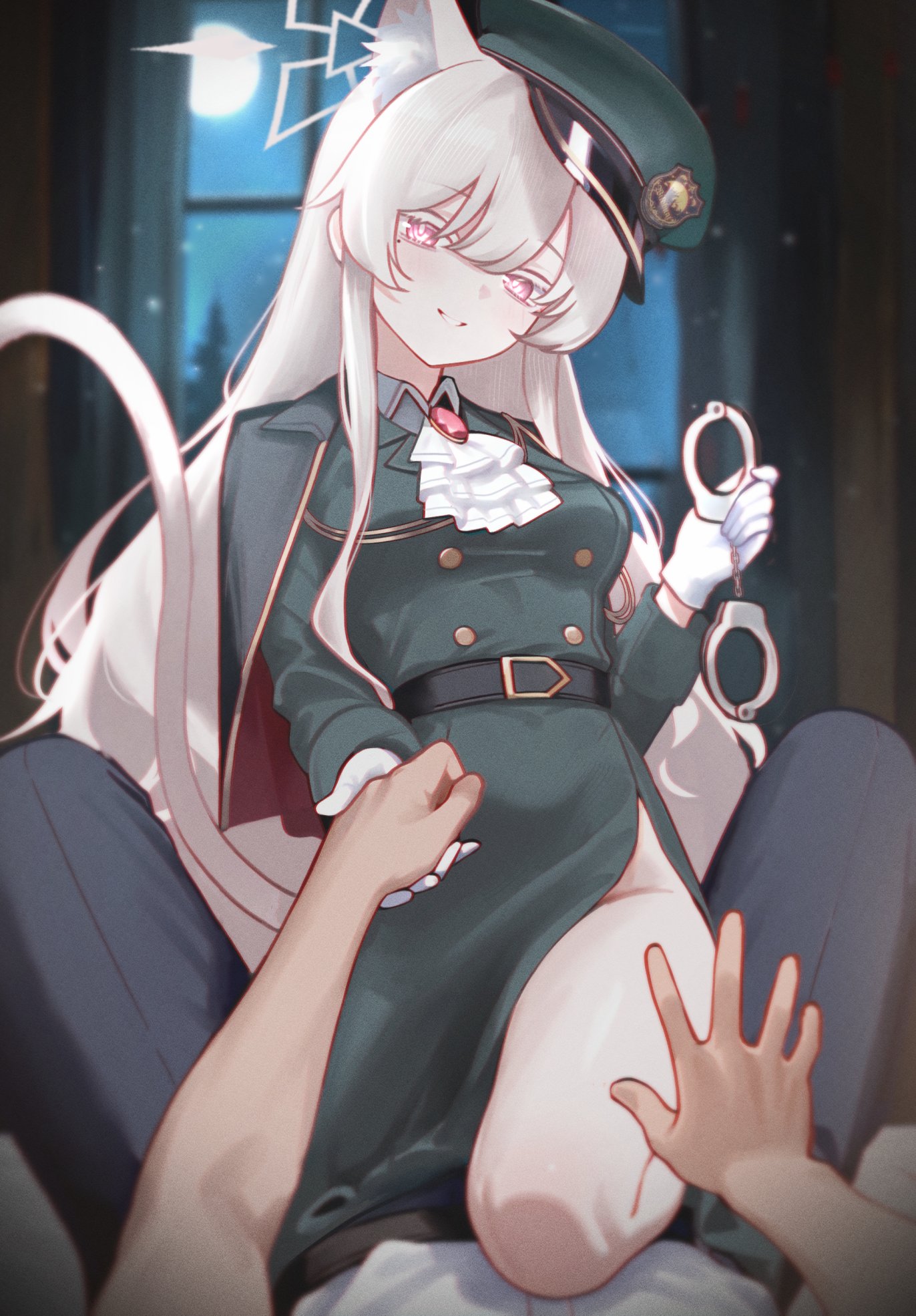 mellow (srpp4843), akira (blue archive), blue archive, highres, 1boy, 1girl, animal ear fluff, animal ears, belt, cat ears, cuffs, girl on top, gloves, green jacket, halo, handcuffs, indoors, jacket, long hair, looking at viewer, moon, night, red eyes, smile, tail, white gloves, white hair