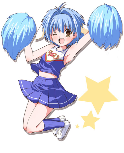 mint blancmanche, galaxy angel, tagme, 00s, 1girl, animal ears, blue hair, blue shoes, blue socks, blush, cheerleader, female focus, high-waist skirt, looking at viewer, miniskirt, one eye closed, pleated skirt, pom pom (cheerleading), shoes, short hair, simple background, skirt, socks, solo, star (symbol), white background, white shoes, wink, yellow eyes