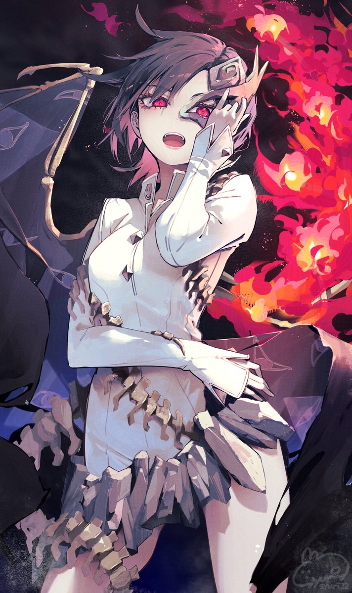 syuri22, iwanaga ariya, touhou, commentary, 1girl, arm up, black background, black hair, black wings, contrapposto, cowboy shot, dress, fiery wings, fire, long sleeves, looking at viewer, mask over one eye, open mouth, red eyes, short hair, signature, skeletal wings, teeth, upper teeth only, white dress, wings