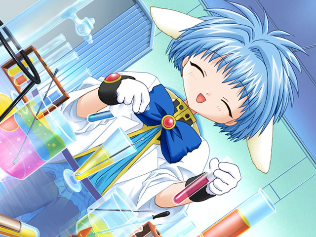mint blancmanche, galaxy angel, 00s, 1girl, ^ ^, androgynous, animal ears, blue hair, chemicals, closed eyes, dress, dutch angle, female focus, gloves, green eyes, indoors, lab coat, laboratory, puffy sleeves, short dress, short hair, sitting, solo
