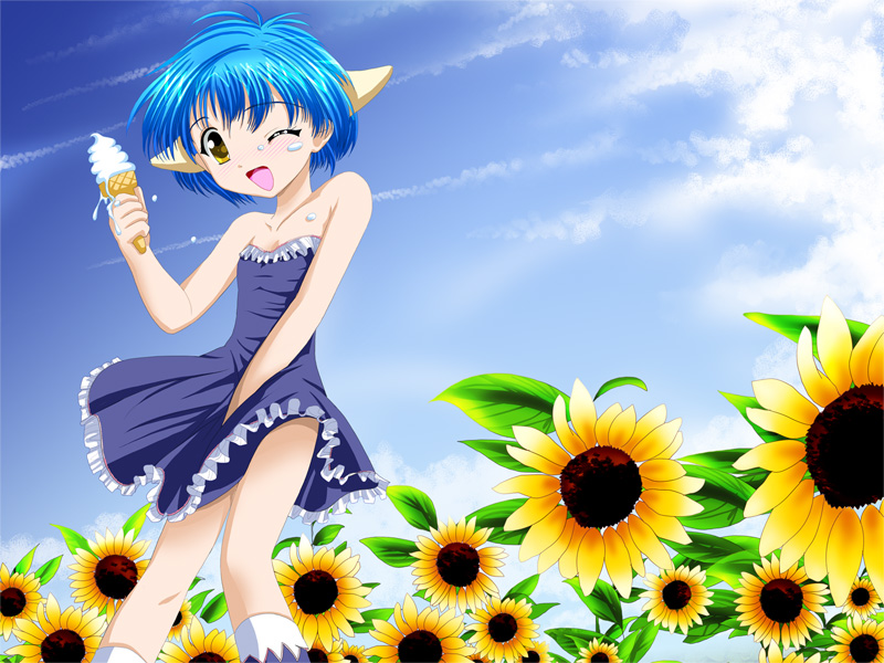 mint blancmanche, galaxy angel, tagme, 00s, 1girl, animal ears, blue hair, blush, cloud, dress, female focus, flower, green eyes, one eye closed, open mouth, short hair, sky, solo, sundress, sunflower, yellow eyes