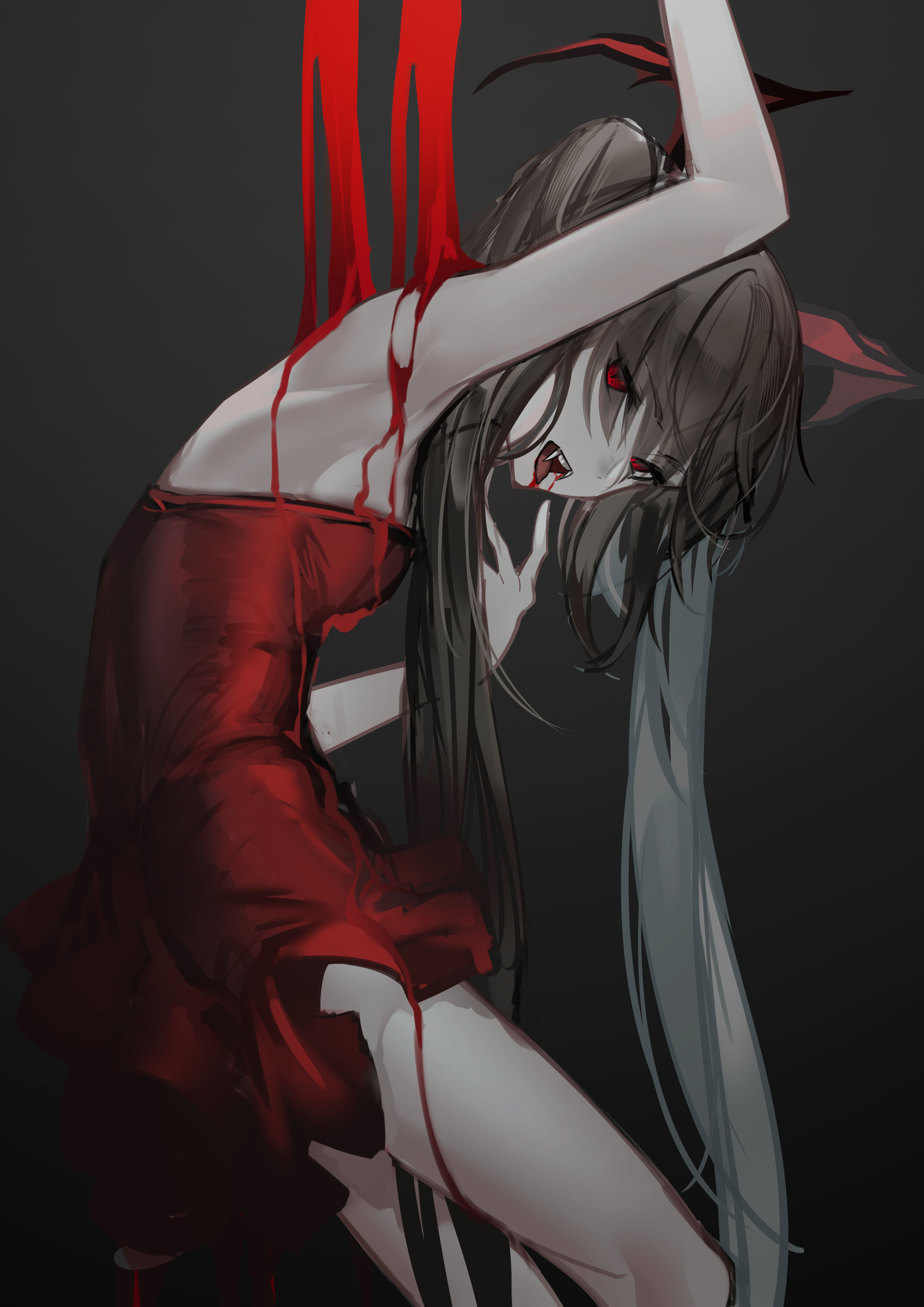 fixro2n, absurdres, highres, 1girl, arm up, black background, black hair, blanc (ougon no keikenchi), blood, blood drip, blood on body, blood on clothes, blood on face, breasts, dress, eyes visible through hair, fangs, gradient background, hair ribbon, hand up, long fangs, looking at viewer, open mouth, ougon no keikenchi, red dress, red eyes, red ribbon, ribbon, sleeveless, sleeveless dress, small breasts, solo, tongue, tongue out, twintails, vampire, wing ribbon