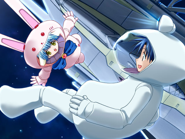 mint blancmanche, takuto meyers, galaxy angel, tagme, 00s, 1boy, 1girl, animal ears, blue hair, green eyes, short hair, yellow eyes