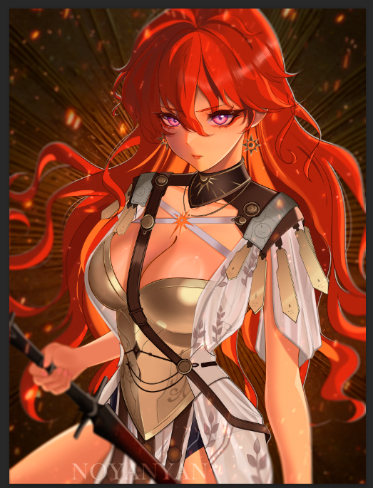 noya nyan, augusta (wuthering waves), wuthering waves, bad id, bad pixiv id, commentary, 1girl, ancient greek clothes, armor, black collar, breastplate, breasts, cleavage, closed mouth, collar, dress, earrings, greco-roman clothes, hair ornament, holding, holding sword, holding weapon, jewelry, large breasts, long hair, looking at viewer, orange hair, red eyes, solo, sun earrings, sun necklace, sword, twitter username, weapon, white dress