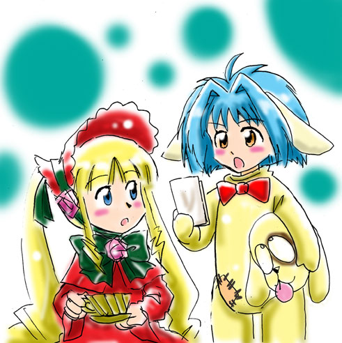 kunkun, mint blancmanche, shinku, galaxy angel, rozen maiden, lowres, 00s, 2girls, animal ears, blonde hair, blue eyes, blue hair, crossover, green eyes, long hair, multiple girls, short hair, very long hair, yellow eyes