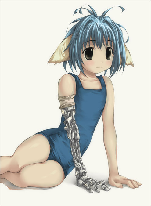 mint blancmanche, galaxy angel, 00s, 1girl, animal ears, blue hair, blush, female focus, flat chest, green eyes, mechanical arms, school swimsuit, short hair, simple background, single mechanical arm, smile, solo, swimsuit, white background, yellow eyes