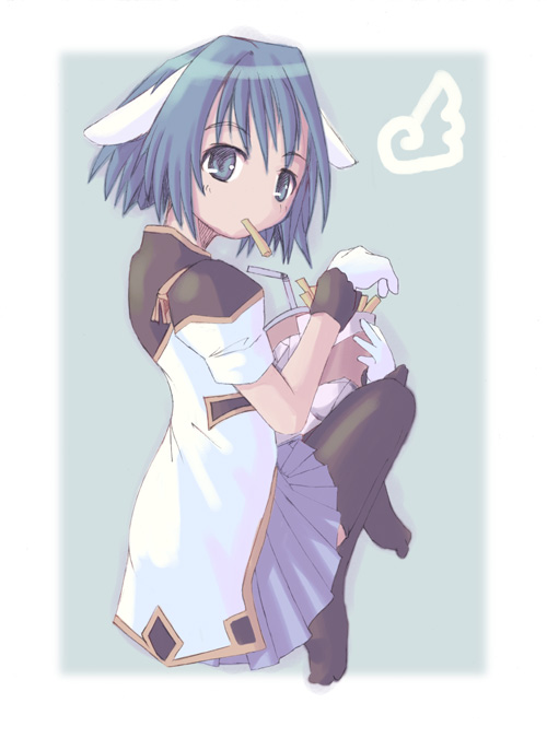 mint blancmanche, galaxy angel, tagme, 00s, 1girl, animal ears, blue hair, female focus, gloves, green eyes, looking at viewer, looking back, short hair, solo, yellow eyes