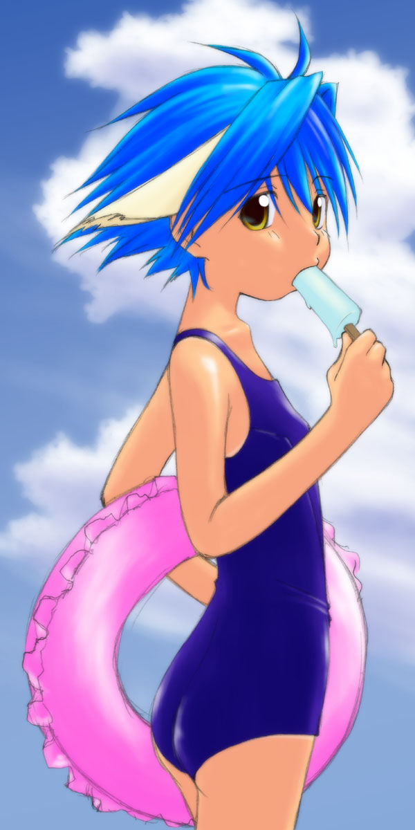 mint blancmanche, galaxy angel, highres, 00s, 1girl, animal ears, blue hair, cloud, female focus, flat chest, food, green eyes, innertube, looking at viewer, one-piece swimsuit, popsicle, short hair, sky, solo, swim ring, swimsuit, yellow eyes