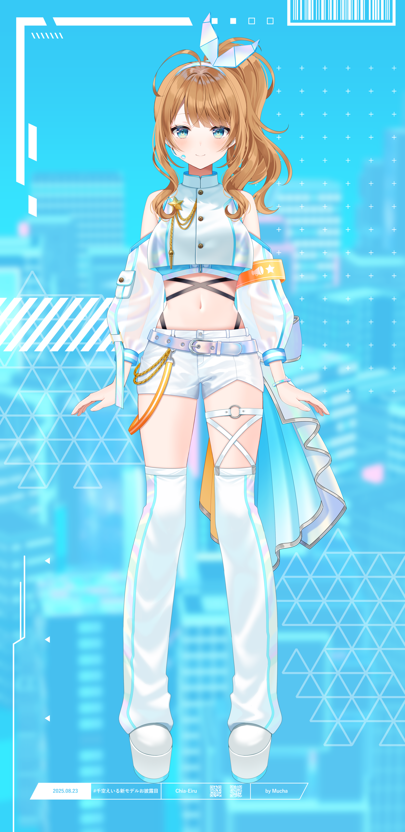 myusha, chia eiru, stardust virtual studio, absurdres, highres, official art, 1girl, ahoge, bare shoulders, blue eyes, blue shirt, breasts, brown hair, buttons, closed mouth, clothing cutout, crop top, crop top overhang, full body, hair ribbon, highleg, large breasts, long hair, looking at viewer, loose socks, midriff, navel, platform shoes, ribbon, see-through clothes, see-through sleeves, shirt, shoes, short shorts, shorts, shoulder cutout, side ponytail, smile, socks, solo, stomach, thigh strap, thighhighs, thighs, undershirt, virtual youtuber, wavy hair, white shirt, white shoes, white shorts, white thighhighs
