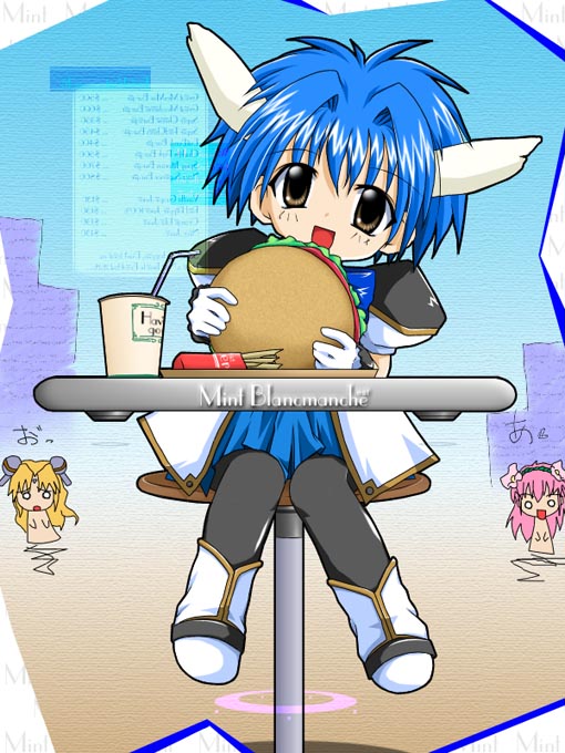 mint blancmanche, galaxy angel, tagme, 00s, 3girls, animal ears, blonde hair, blue hair, character name, gloves, green eyes, looking at viewer, multiple girls, open mouth, pink hair, short hair, smile, yellow eyes