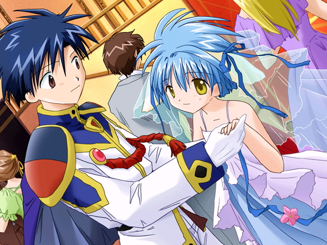 mint blancmanche, takuto meyers, galaxy angel, 00s, 2boys, 3girls, animal ears, blue hair, dancing, dress, dutch angle, gloves, green eyes, indoors, multiple boys, multiple girls, short hair, yellow eyes