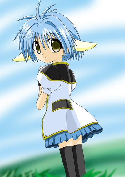 mint blancmanche, galaxy angel, 00s, 1girl, animal ears, blue hair, cloud, female focus, gloves, green eyes, looking at viewer, looking back, outdoors, short hair, sky, solo, thighhighs, yellow eyes