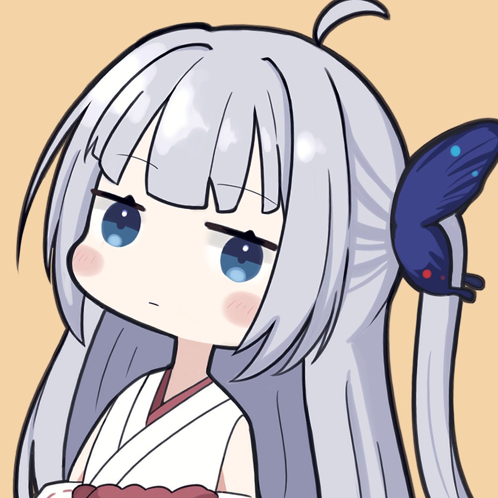 amataro21, ginka, shinomiya ginka, commentary request, 1girl, :|, ahoge, blue eyes, blunt bangs, blush stickers, butterfly hair ornament, chibi, chibi only, closed mouth, detached sleeves, expressionless, grey hair, hair ornament, japanese clothes, jitome, kimono, long hair, one side up, orange background, sidelocks, simple background, solo, straight hair, upper body, very long hair, white kimono