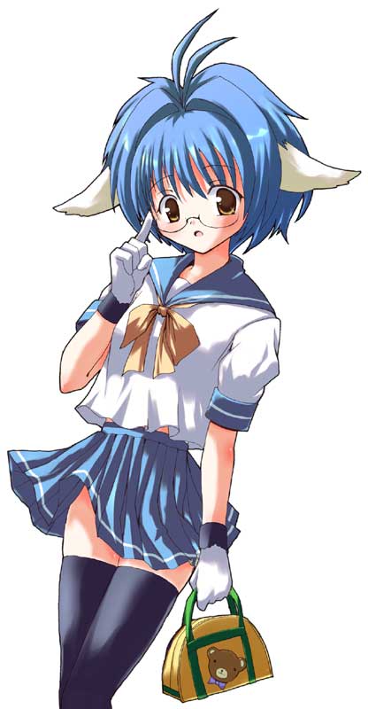 mint blancmanche, galaxy angel, 00s, 1girl, animal ears, animal print, bear print, bespectacled, blue hair, female focus, glasses, gloves, green eyes, looking at viewer, open mouth, school uniform, serafuku, short hair, simple background, solo, thighhighs, white background, yellow eyes