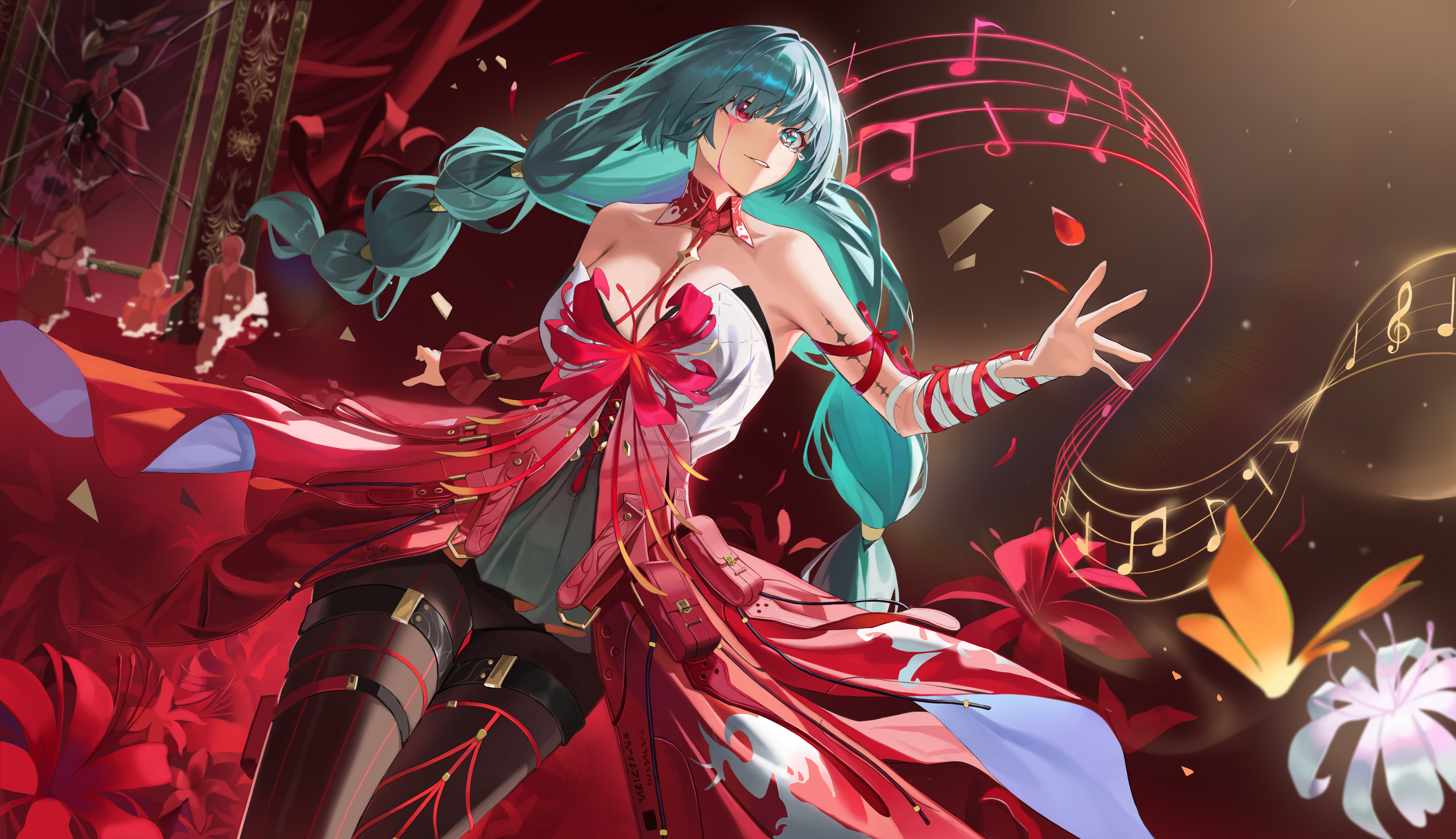 phrolova (wuthering waves), wuthering waves, absurdres, bilingual commentary, commentary, english commentary, highres, mixed-language commentary, 1girl, bandaged arm, bandages, bare shoulders, black pantyhose, black skirt, blood, bloody tears, braid, breasts, broken glass, cleavage, detached sleeves, dress, flower, glass, grey eyes, grey hair, halter dress, halterneck, heterochromia, large breasts, long hair, low twin braids, musical note, onigirikao, pantyhose, parted lips, people, red dress, red eyes, red petals, single detached sleeve, skirt, smile, solo, spider lily, tacet mark (wuthering waves), tearing up, twin braids, white flower, white spider lily