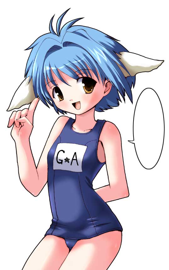 mint blancmanche, galaxy angel, 00s, 1girl, animal ears, arm behind back, blue hair, blush, female focus, green eyes, index finger raised, looking at viewer, open mouth, school swimsuit, short hair, simple background, smile, solo, swimsuit, white background, yellow eyes