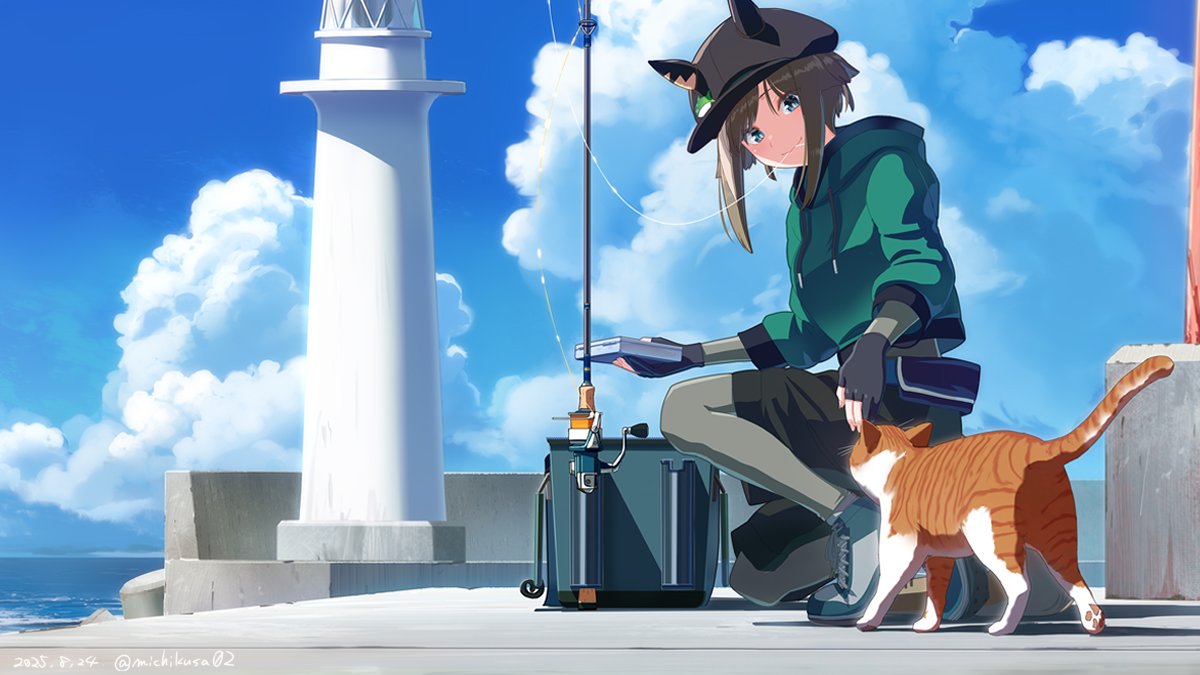 takuzui, cheval grand (umamusume), umamusume, 1girl, animal ears, black gloves, black hat, black shorts, blue eyes, brown hair, casual, cat, dated, fishing line, fishing rod, from side, gloves, green sweater, hat, hat ornament, hood, hooded sweater, horse ears, horse girl, kneeling, multicolored hair, partially fingerless gloves, shoes, shorts, sitting, sneakers, streaked hair, sweater, twitter username, white hair