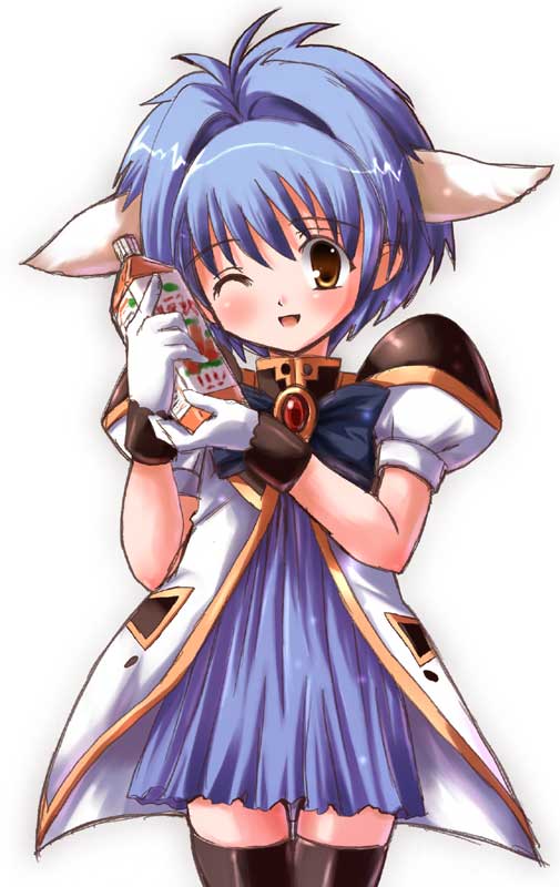 mint blancmanche, galaxy angel, 00s, 1girl, animal ears, blue hair, blush, bottle, dress, female focus, gloves, green eyes, looking at viewer, one eye closed, puffy sleeves, short dress, short hair, simple background, smile, solo, thighhighs, white background, wink, yellow eyes, zettai ryouiki