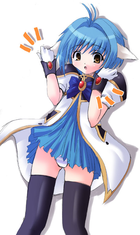 mint blancmanche, galaxy angel, ''', 00s, 1girl, animal ears, blue hair, blush, dress, female focus, gloves, green eyes, looking at viewer, open mouth, panties, pantyshot, puffy sleeves, short dress, short hair, simple background, solo, striped clothes, striped panties, thighhighs, underwear, white background, yellow eyes