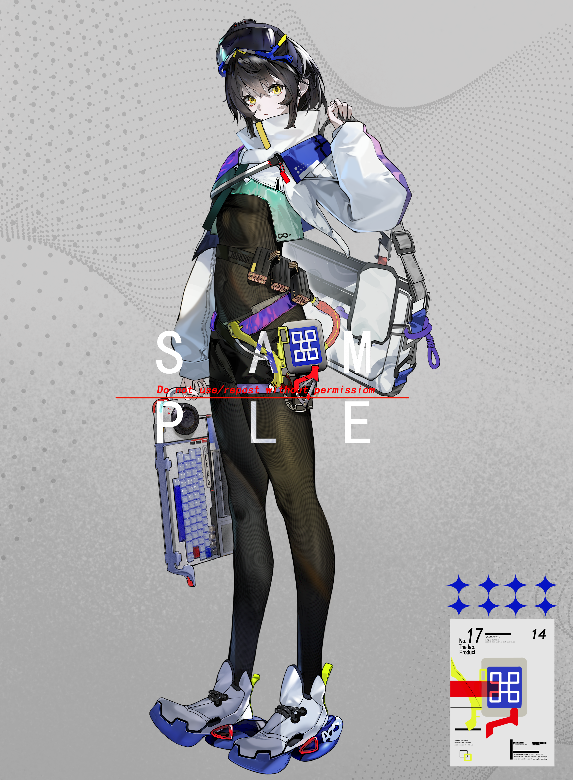 original, absurdres, commentary request, highres, 1girl, bag, black hair, black shorts, bodystocking, breasts, chengzhihuan, closed mouth, computer keyboard, covered navel, fine fabric emphasis, full body, goggles, goggles on head, grey background, holding, holding bag, holding computer keyboard, long sleeves, looking at viewer, sample watermark, shoes, short shorts, shorts, small breasts, sneakers, solo, watermark, white bag, yellow eyes