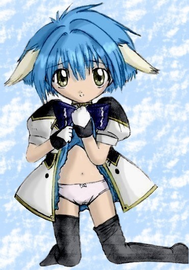 mint blancmanche, galaxy angel, 00s, 1girl, animal ears, blue hair, bow, bow panties, clothes lift, dress, dress lift, female focus, gloves, green eyes, kneeling, looking at viewer, panties, puffy sleeves, short dress, short hair, solo, thighhighs, underwear, white panties, yellow eyes