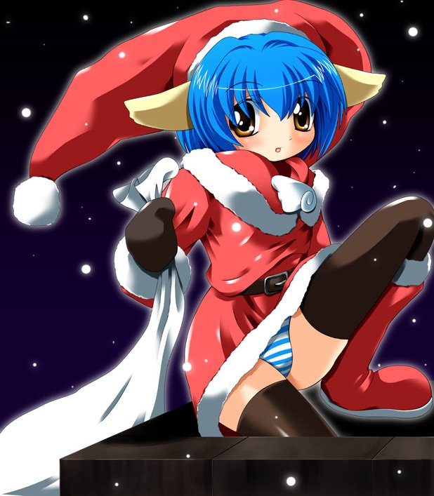 sana (kerarino), mint blancmanche, galaxy angel, 00s, 1girl, animal ears, black gloves, black thighhighs, blue hair, blue panties, blush, boots, brown eyes, capelet, chimney, christmas, dress, female focus, fur-trimmed boots, fur-trimmed capelet, fur-trimmed dress, fur-trimmed headwear, fur trim, gloves, hat, long sleeves, looking at viewer, night, open mouth, outdoors, panties, pom pom (clothes), red boots, red capelet, red dress, red hat, santa costume, santa hat, short hair, sky, snow, solo, striped clothes, striped panties, thighhighs, underwear, yellow eyes