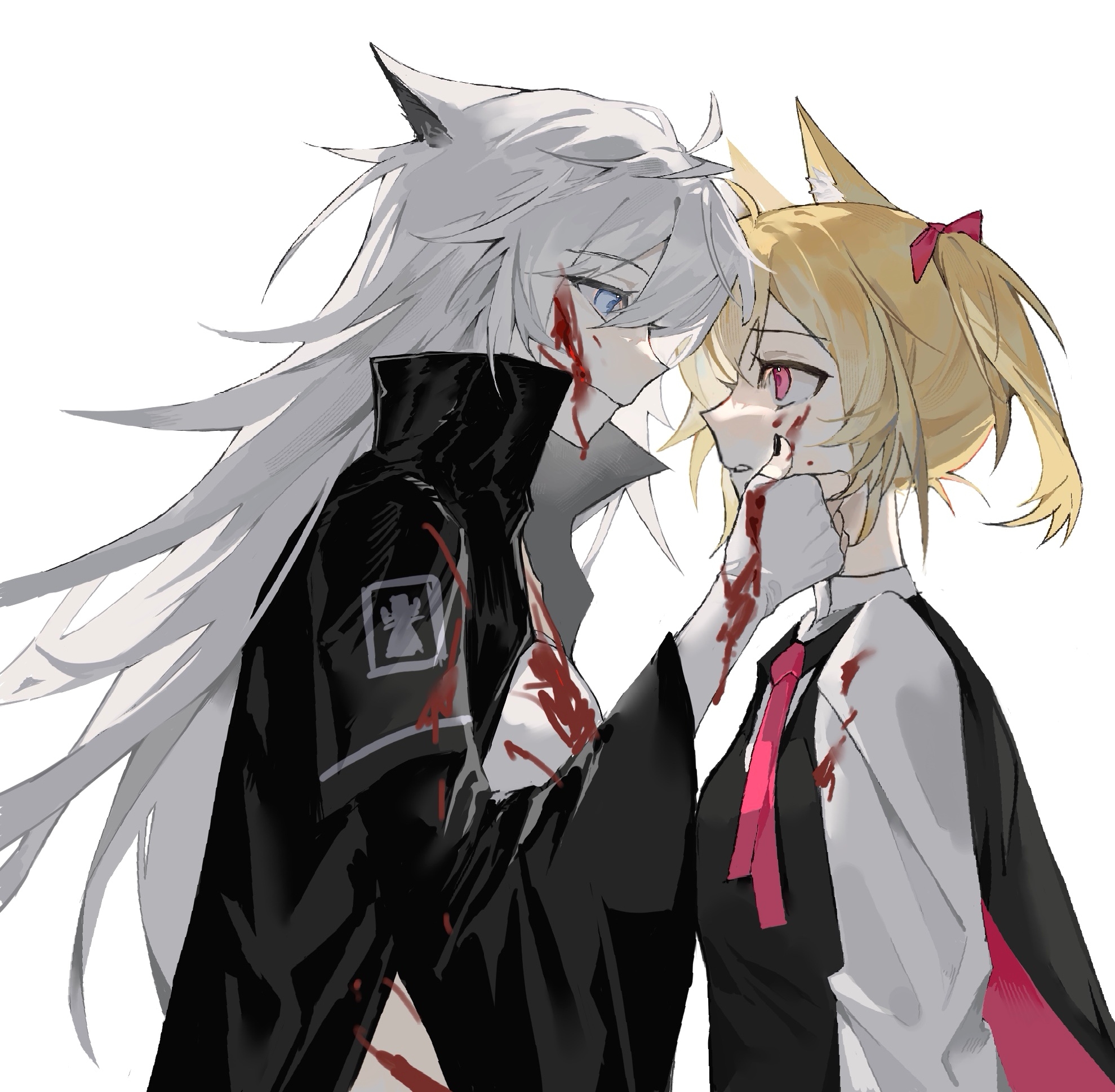lappland (arknights), sora (arknights), arknights, chinese commentary, commentary request, highres, 2girls, animal ears, black cape, black jacket, black vest, blonde hair, blood, blood on clothes, blood on face, blue eyes, bolo tie, bow, cape, closed mouth, eye contact, face-to-face, grey hair, hair bow, hand on another's cheek, hand on another's face, high collar, jacket, kongbai huangyuan, light smile, long hair, long sleeves, looking at another, multiple girls, parted lips, pink bow, pink eyes, profile, shirt, short hair, simple background, upper body, vest, white background, white shirt, wide sleeves, wolf ears, wolf girl, yuri