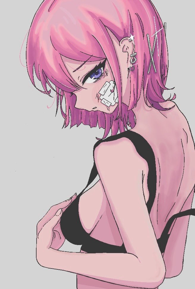 nira-chan, nira-chan (baka janai noni) (zutomayo), baka janai noni (zutomayo), zutto mayonaka de ii no ni, hashtag-only commentary, 1girl, back, backboob, bandage on face, bandages, black bra, bra, breasts, center-flap bangs, ear piercing, fingernails, hair ornament, half-closed eyes, looking at viewer, piercing, pink hair, purple eyes, short hair, shrimppounder, sideboob, simple background, underwear, x hair ornament