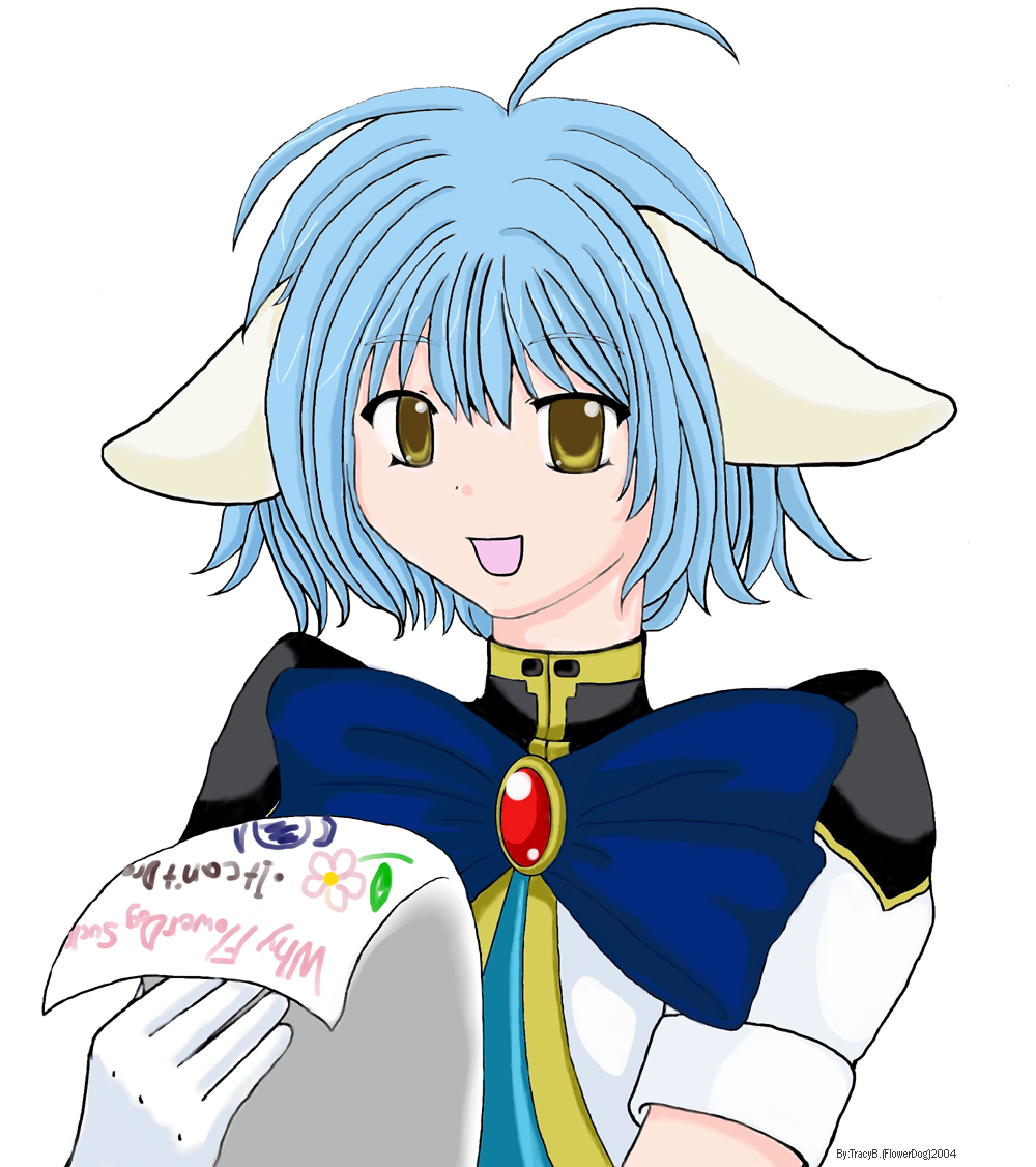 mint blancmanche, galaxy angel, tagme, 00s, 1girl, 2004, animal ears, artist name, blue hair, dress, english text, female focus, gloves, green eyes, open mouth, poorly drawn, puffy sleeves, short dress, short hair, simple background, solo, text focus, white background, yellow eyes