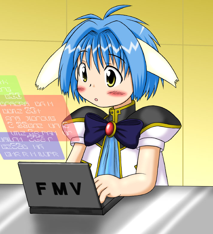 mint blancmanche, galaxy angel, tagme, 00s, 1girl, animal ears, blue hair, blush, female focus, green eyes, puffy sleeves, short hair, solo, yellow eyes