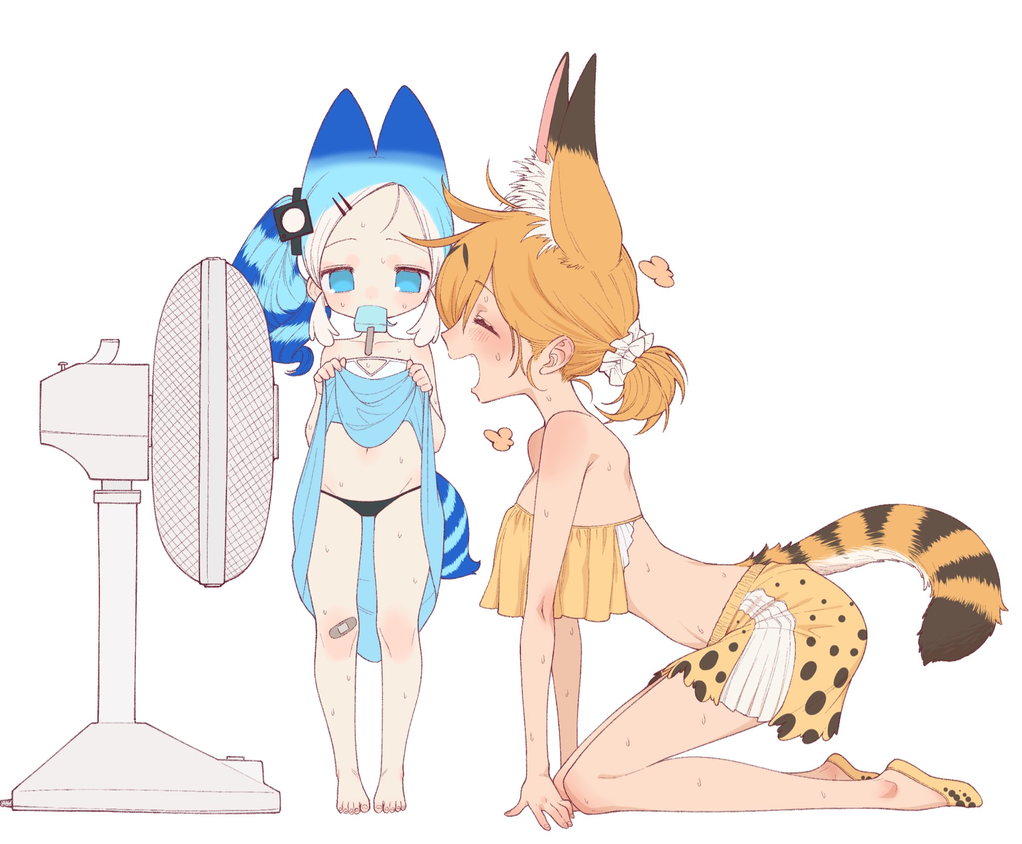 notora, lucky beast (kemono friends), serval (kemono friends), kemono friends, highres, 2girls, animal ears, animal print, bandaid, bandaid on knee, bandaid on leg, bikini, bikini shorts, black panties, blonde hair, blue eyes, blue hair, breasts, closed eyes, clothes lift, dress, dress lift, extra ears, flat chest, food, food in mouth, frilled bikini, frills, hair ornament, hair scrunchie, hot, humanization, kneeling, large breasts, multiple girls, navel, open mouth, panties, popsicle, popsicle in mouth, scrunchie, short hair, shorts, side ponytail, smile, sweat, swimsuit, underwear
