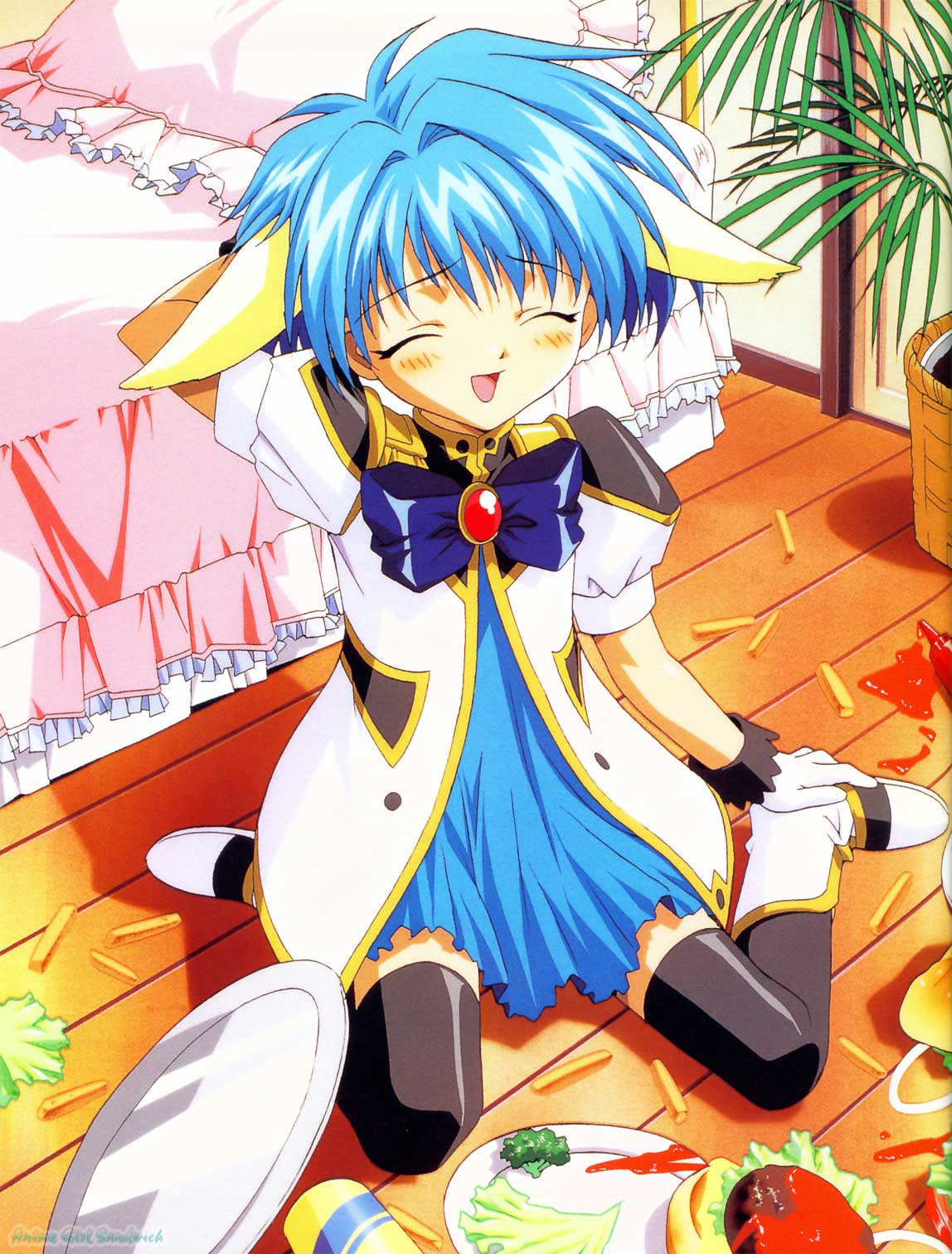 mess, mint blancmanche, galaxy angel, messy, highres, 00s, 1girl, animal ears, bed, blue hair, blush, dress, fallen down, female focus, food, gloves, green eyes, indoors, open mouth, plant, potted plant, puffy sleeves, short dress, short hair, solo, thighhighs, zettai ryouiki