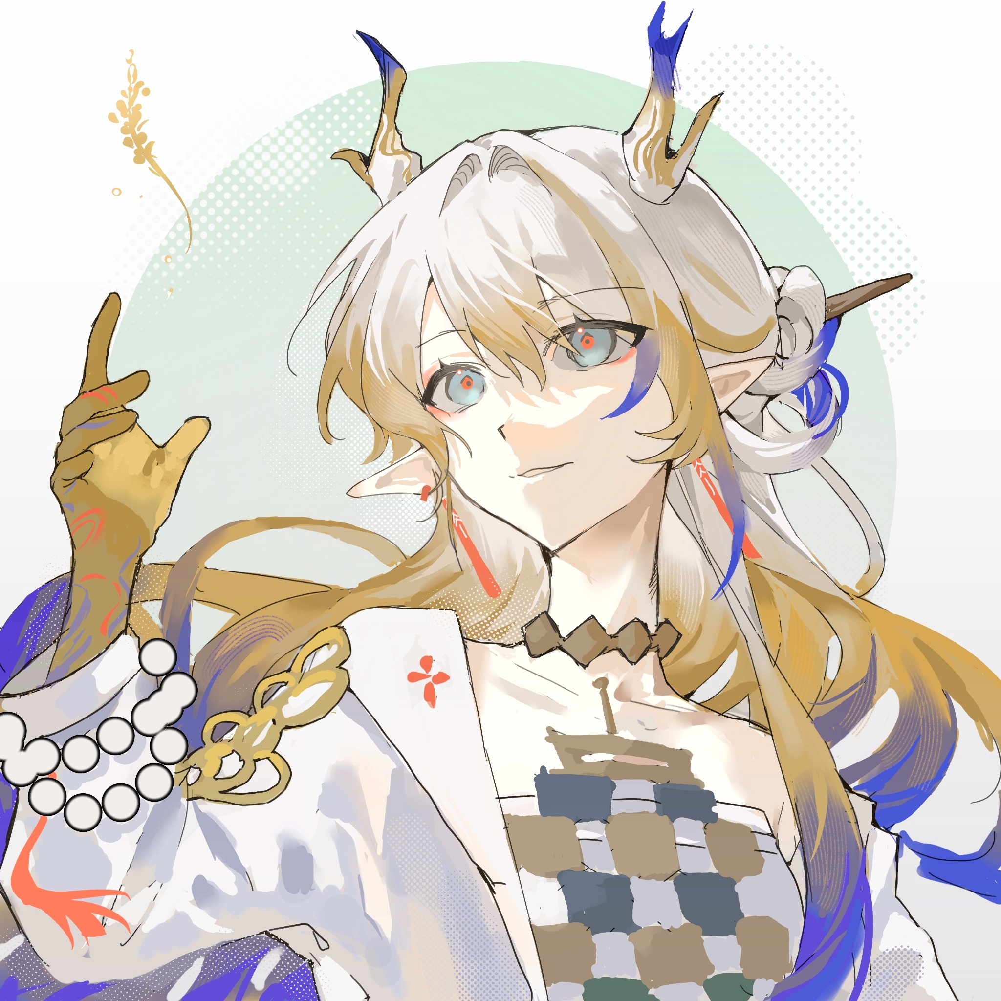 shu (arknights), arknights, chinese commentary, commentary request, highres, arm up, bare shoulders, beads, blonde hair, blue eyes, colored extremities, dragon girl, dragon horns, earrings, hair between eyes, horns, jacket, jewelry, kongbai huangyuan, long hair, long sleeves, looking up, multicolored hair, necklace, off shoulder, pointy ears, purple hair, smile, upper body, white hair, white jacket