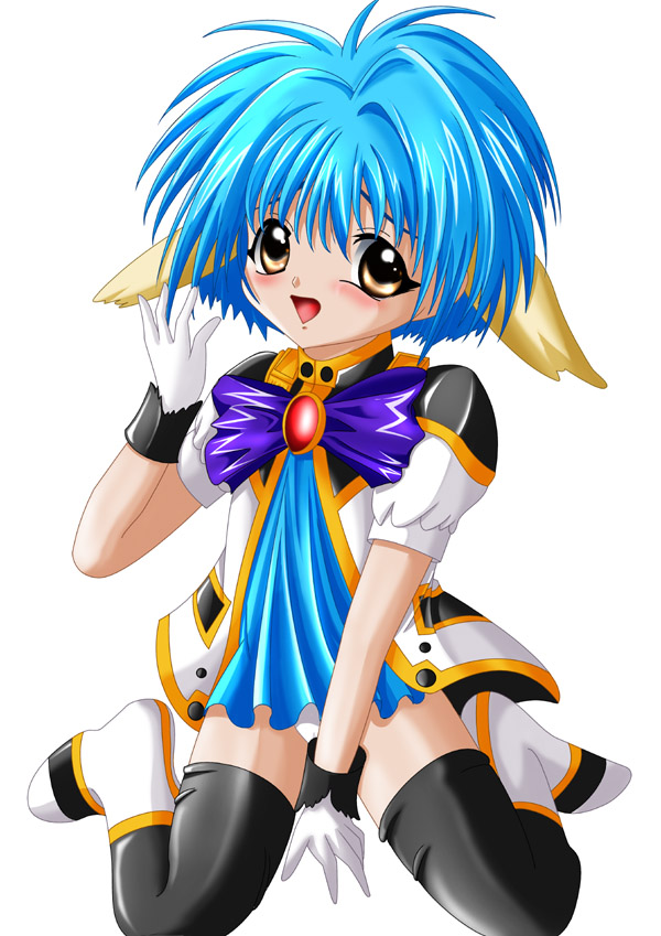 mint blancmanche, galaxy angel, 00s, 1girl, animal ears, blue hair, blush, dress, female focus, gloves, green eyes, looking at viewer, open mouth, panties, pantyshot, puffy sleeves, short dress, short hair, simple background, solo, thighhighs, underwear, white background, yellow eyes
