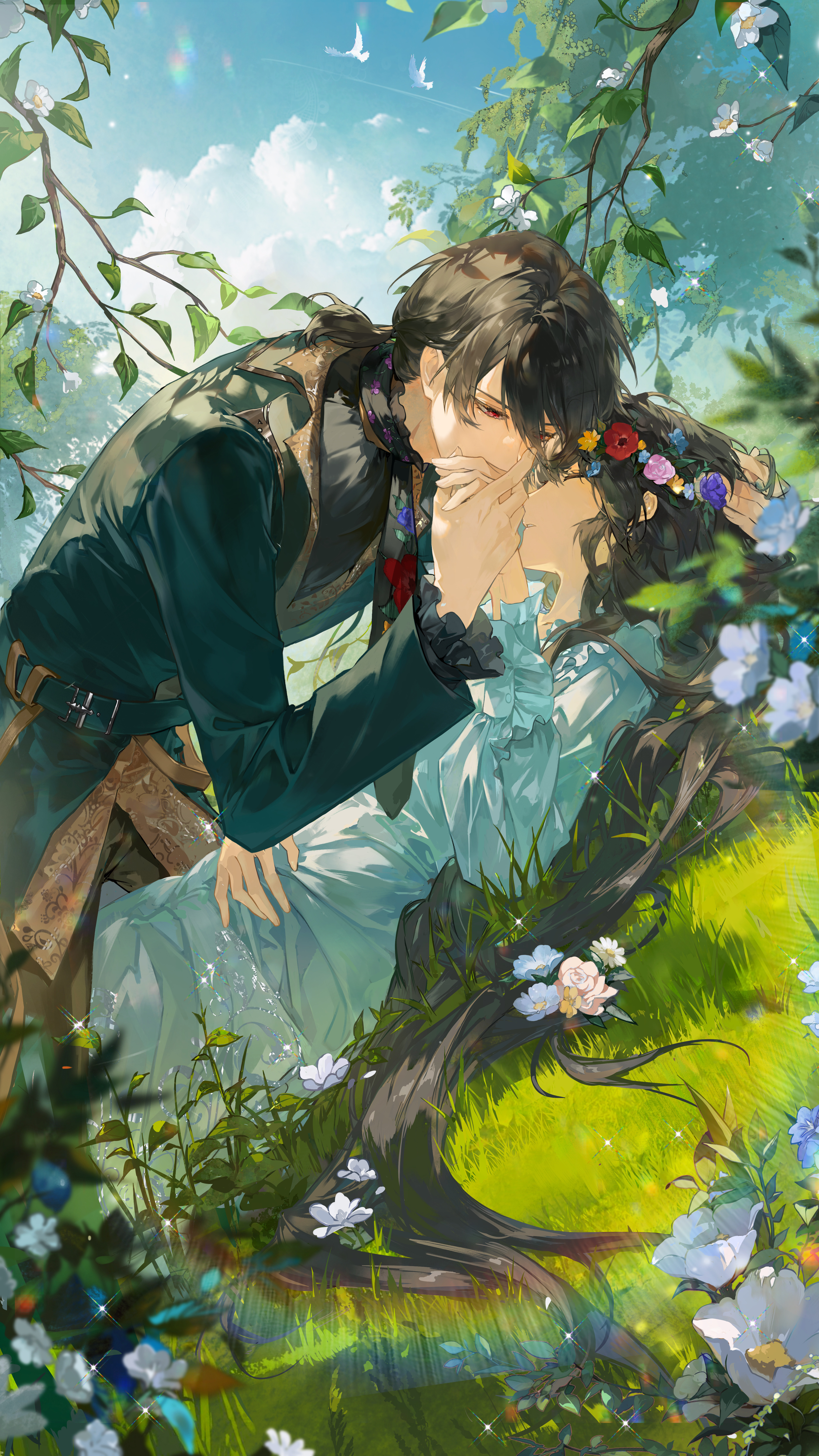 jin gongmen wo de fengkuang xingqiwu, ayn alwyn, heroine (lovebrush chronicles), lovebrush chronicles, absurdres, chinese commentary, highres, official art, 1boy, 1girl, anemone (flower), belt, bird, black hair, black necktie, black shirt, blue dress, blue flower, brown pants, closed eyes, cloud, couple, cowboy shot, daisy (flower), day, dress, eyes visible through hair, face-to-face, floral print, flower, flower wreath, frilled shirt collar, frilled sleeves, frills, from side, green belt, green jacket, hair between eyes, half-closed eyes, hand in another's hair, hand on another's head, hand on own stomach, head wreath, hetero, holding hands, jacket, kiss, kissing hand, long hair, long hair between eyes, long sleeves, looking down, low ponytail, lying, medium hair, nature, necktie, on back, on grass, outdoors, pants, parted lips, pink flower, pink rose, ponytail, print necktie, profile, purple flower, rainbow refraction, red eyes, red flower, reflection, rose, shirt, straddling, sunglasses, tree, white flower, yellow flower