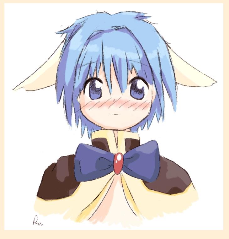 mint blancmanche, galaxy angel, 00s, 1girl, animal ears, blue eyes, blue hair, blush, female focus, green eyes, looking at viewer, matching hair/eyes, short hair, simple background, solo