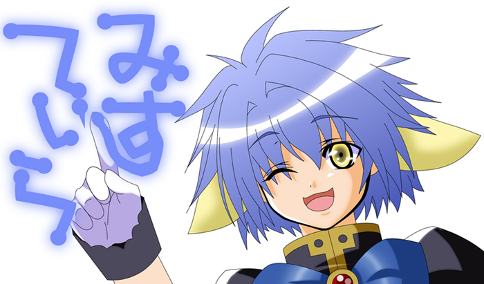 mint blancmanche, galaxy angel, tagme, 00s, 1girl, animal ears, blue hair, female focus, gloves, green eyes, looking at viewer, one eye closed, short hair, solo, wink, yellow eyes