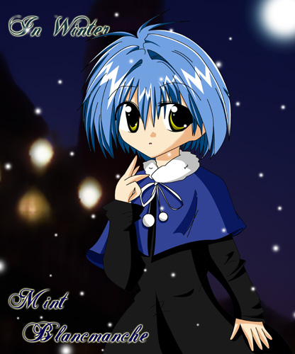 mint blancmanche, galaxy angel, lowres, tagme, 00s, 1girl, blue hair, character name, english text, female focus, green eyes, looking at viewer, short hair, snow, solo, text focus, yellow eyes